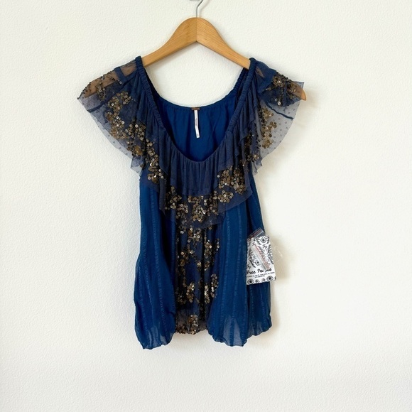 Free People Elisas Off the Shoulder Gold Sequin Blue Top XS SAMPLE - Picture 3 of 15